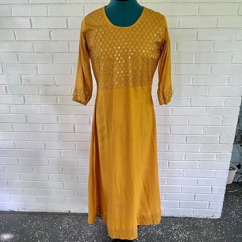 Yellow Indian style embroidered cotton midi dress